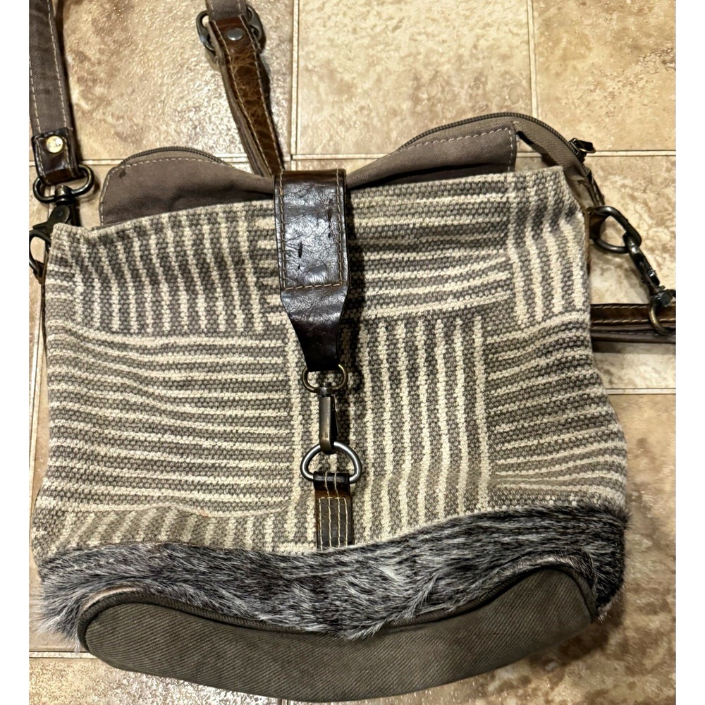 Myra Bag Women's Gray Brown Striped Shoulder Bag Zip Fur Trim Adjustable Strap